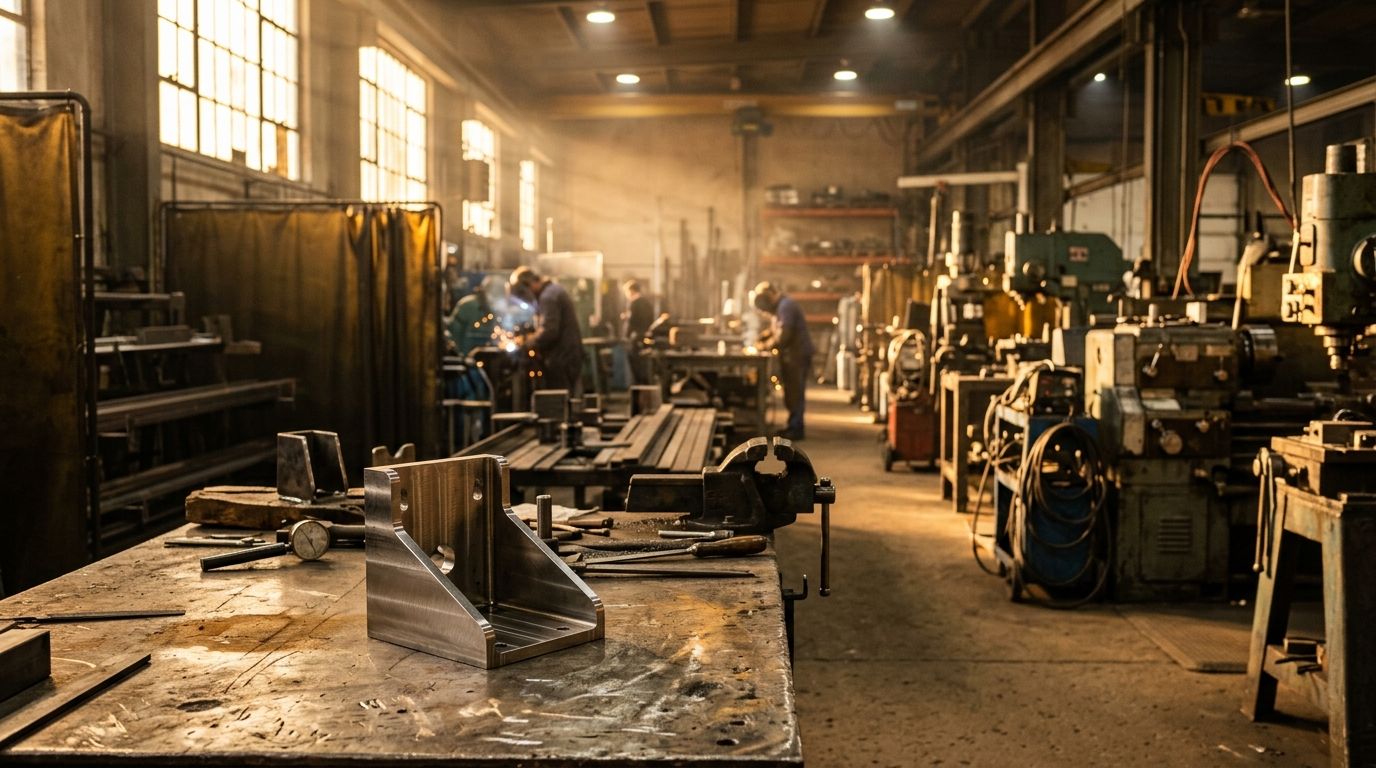 A machined steel component catches late afternoon light on a factory workbench, framing the value behind manufacturing EBITDA multiples in 2026
