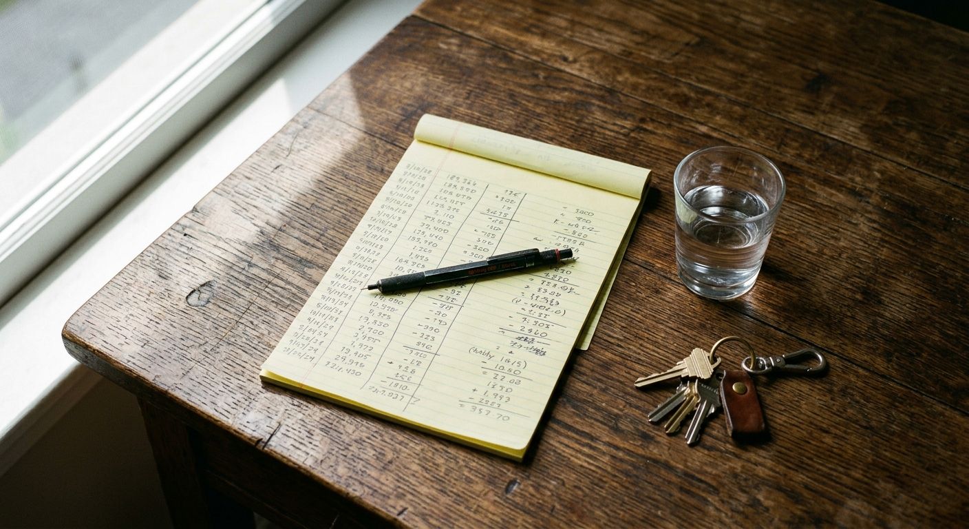 Business owner's desk with handwritten financial notes on a legal pad, pencil, and keys, lit by natural window light