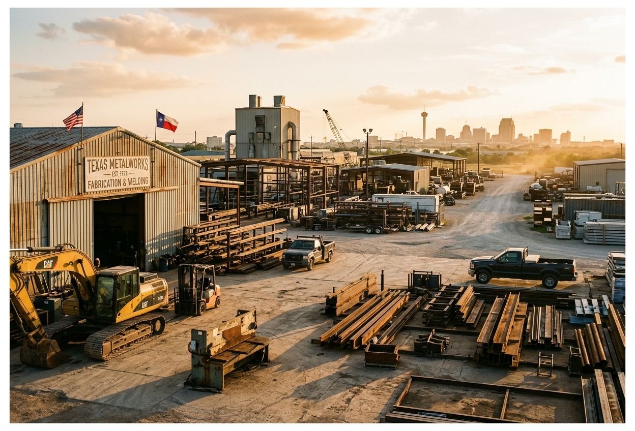 Established Texas industrial operation with heavy equipment and steel structures casting long shadows across concrete under golden late-afternoon light, …
