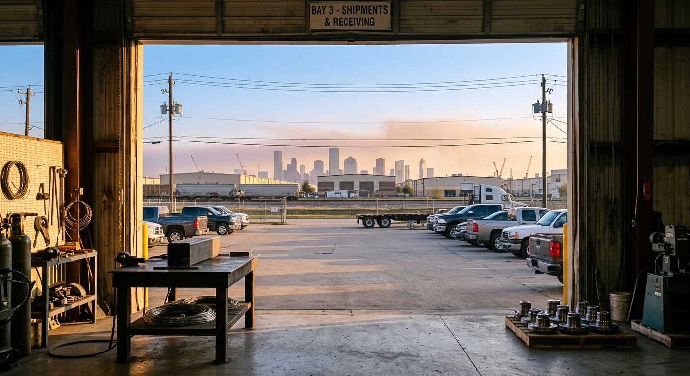 Houston manufacturing facility interior framing the city skyline at golden hour, representing the industrial businesses M&A advisors serve in the region