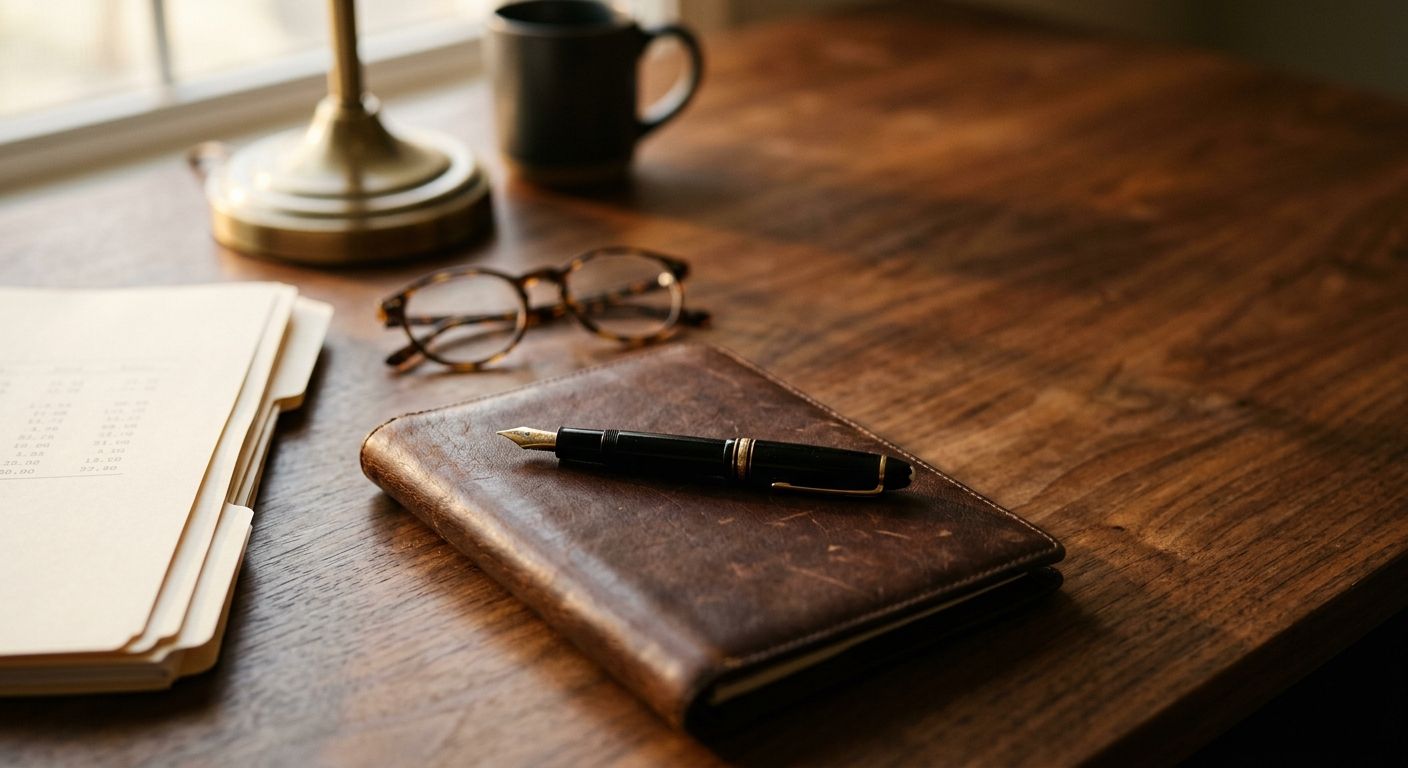 Fountain pen on leather portfolio atop a walnut desk, warm afternoon light evoking the seasoned discipline behind becoming a successful business broker
