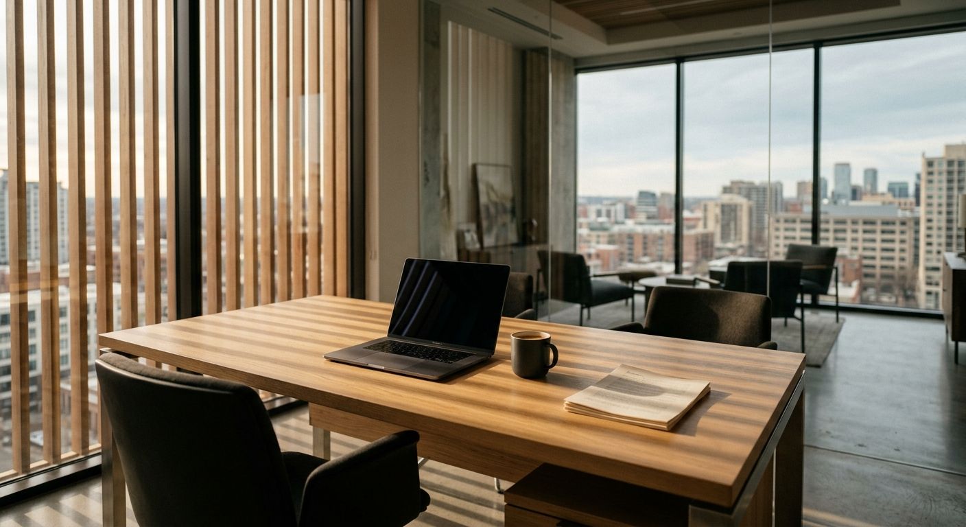 Minimalist wealth advisor's office with laptop and papers on clean desk, city skyline visible through glass panels under soft afternoon light