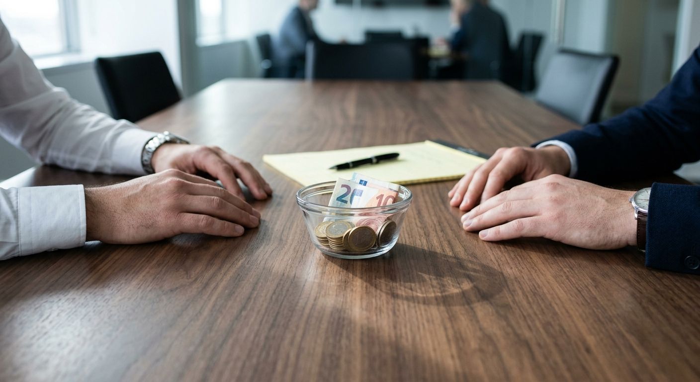 Two negotiating parties sit across a polished table with held funds symbolizing escrow protection in a business transaction