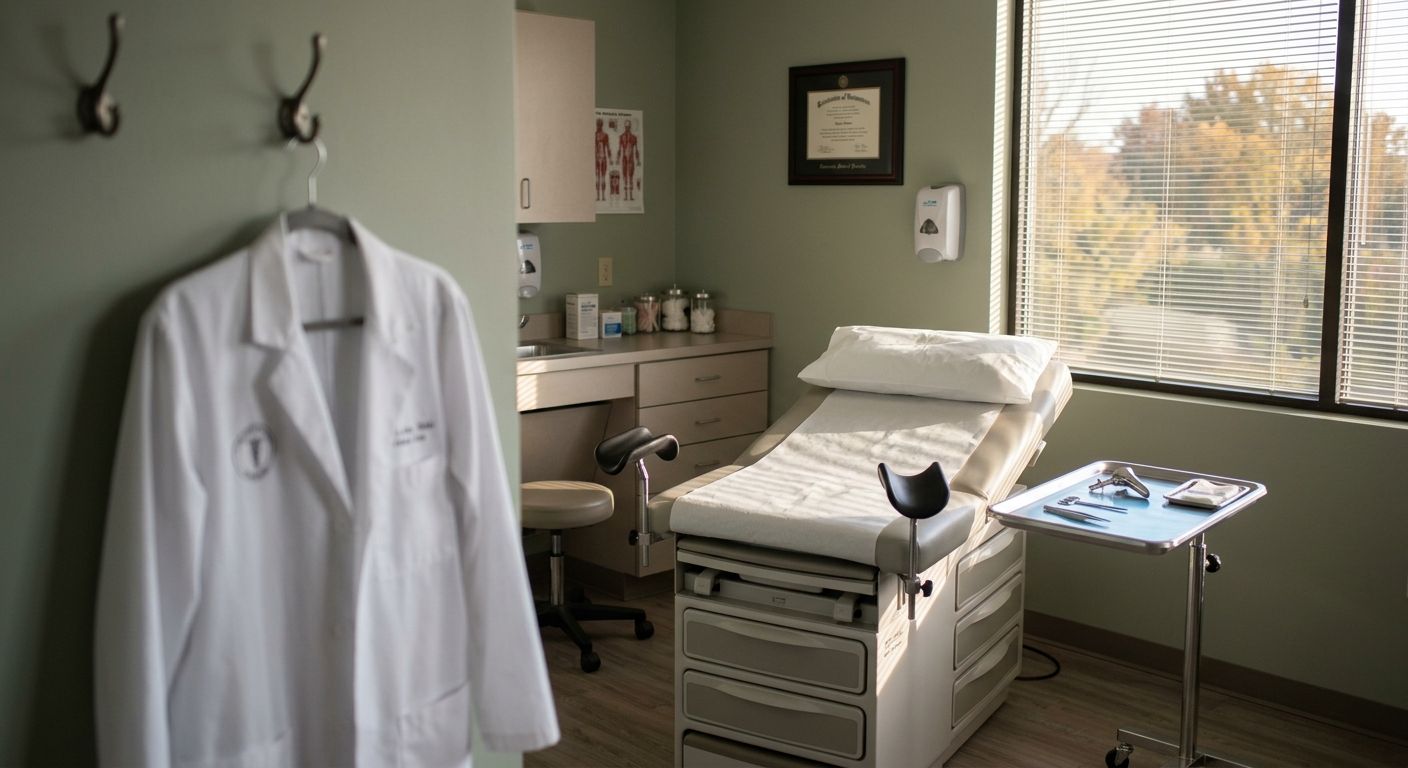 Empty exam room bathed in late-afternoon light, symbolizing the calm, well-run practice medical practice brokers help position for a strong sale