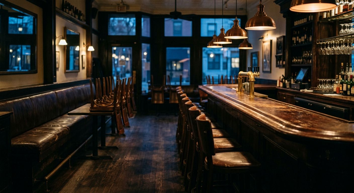 Empty neighborhood restaurant at closing time, worn wooden bar and upturned barstools bathed in warm light, evoking the decision behind selling my restaurant