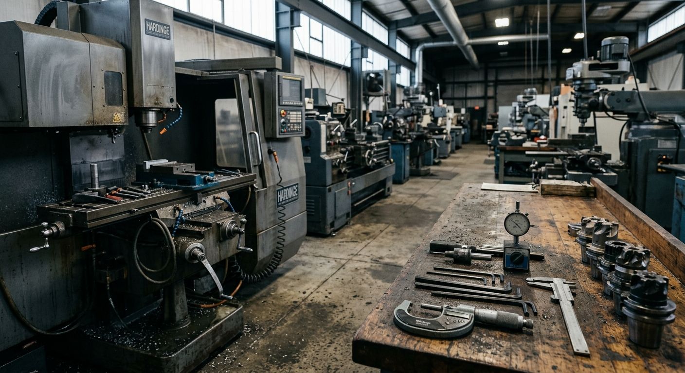 Precision machine shop floor with CNC milling equipment and tooling, representing the manufacturing assets accelerated manufacturing brokers help valuate …