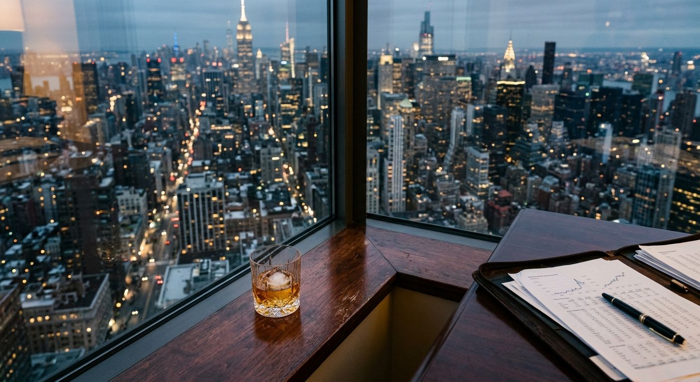 Manhattan corner office at dusk with whiskey tumbler and financial papers on a mahogany ledge overlooking the city skyline, evoking an m&a advisor new york …