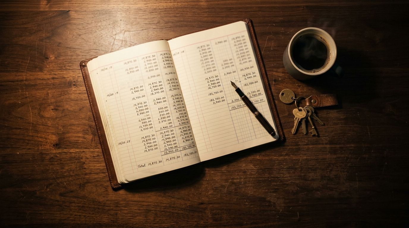 Overhead view of an open financial ledger, fountain pen, brass keys, and coffee on a walnut desk lit by warm lamplight, evoking discretionary earnings review