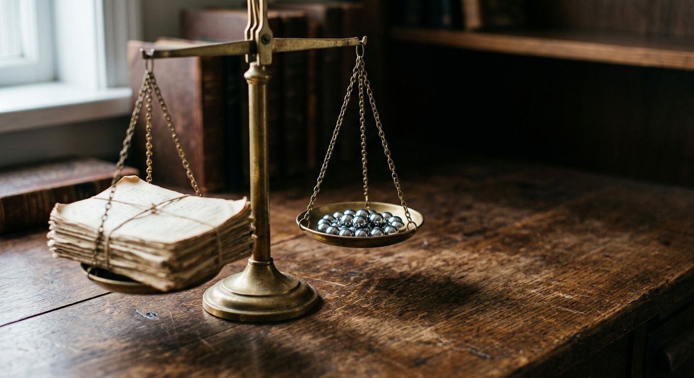 Brass balance scale with documents on one side and steel bearings on the other, symbolizing the financial equilibrium required in working capital …