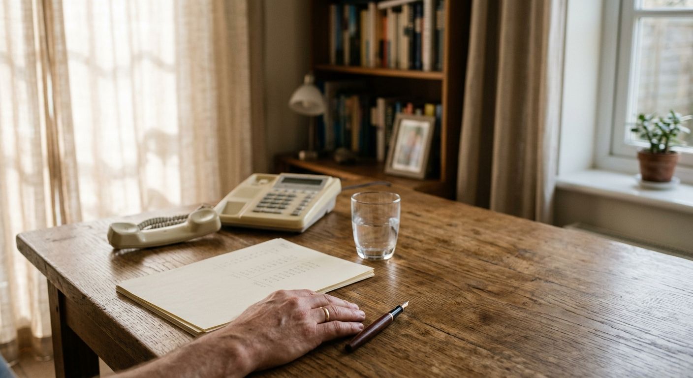 Business owner's hand resting beside a fountain pen and financial papers, evoking the solitary work of selling a business without a broker