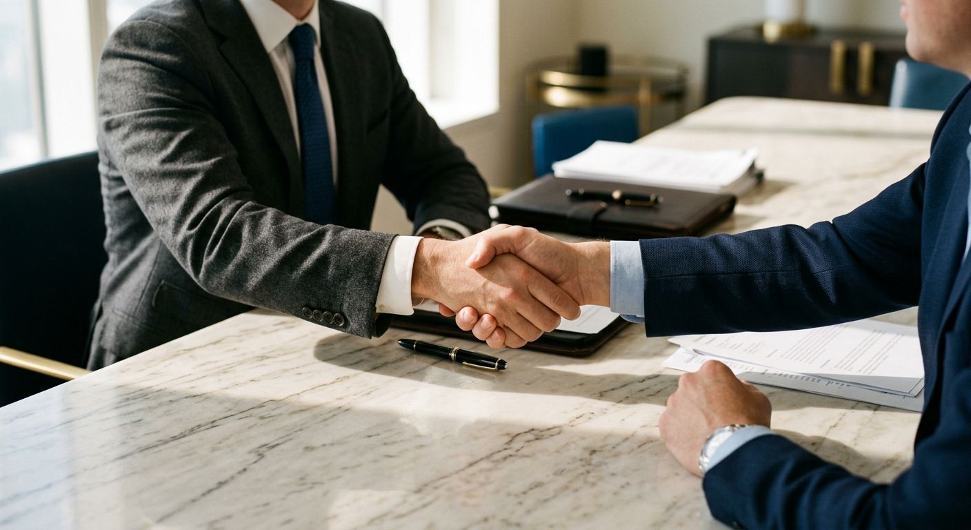 Two professionals shaking hands over a marble conference table, symbolizing the trusted agreement reached after finding the right business broker