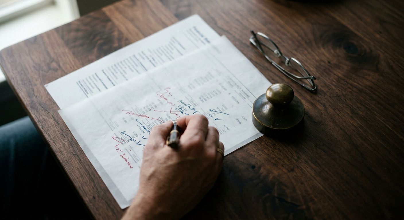 Overhead view of a financial statement layered with hand-annotated EBITDA adjustments, reading glasses and a brass paperweight resting nearby