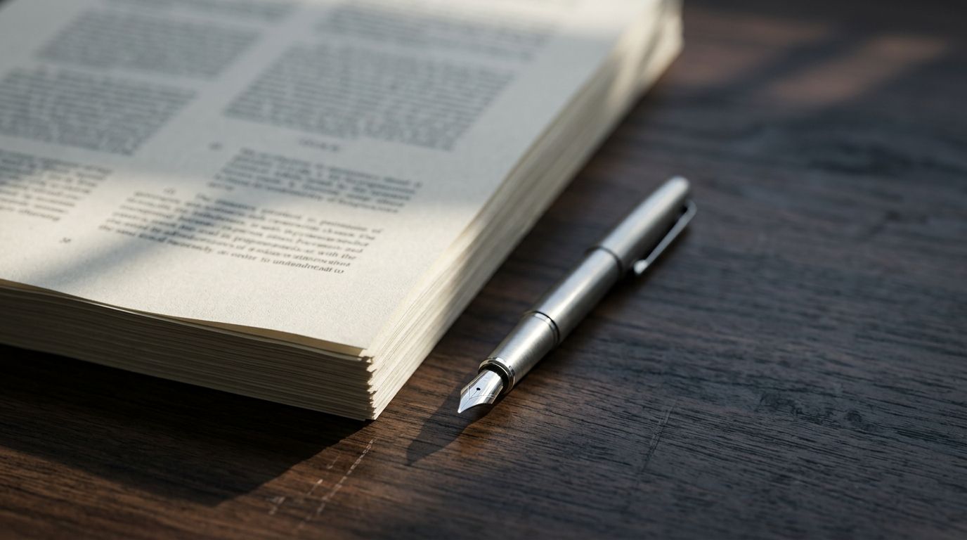 Uncapped fountain pen resting beside dense legal pages on a dark desk, evoking the weight of reps and warranties before signing