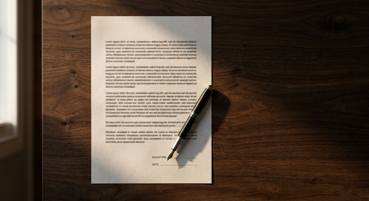 An unsigned letter of intent lies on a walnut desk with a fountain pen resting across the signature line, evoking the pause before an M&A deal commits