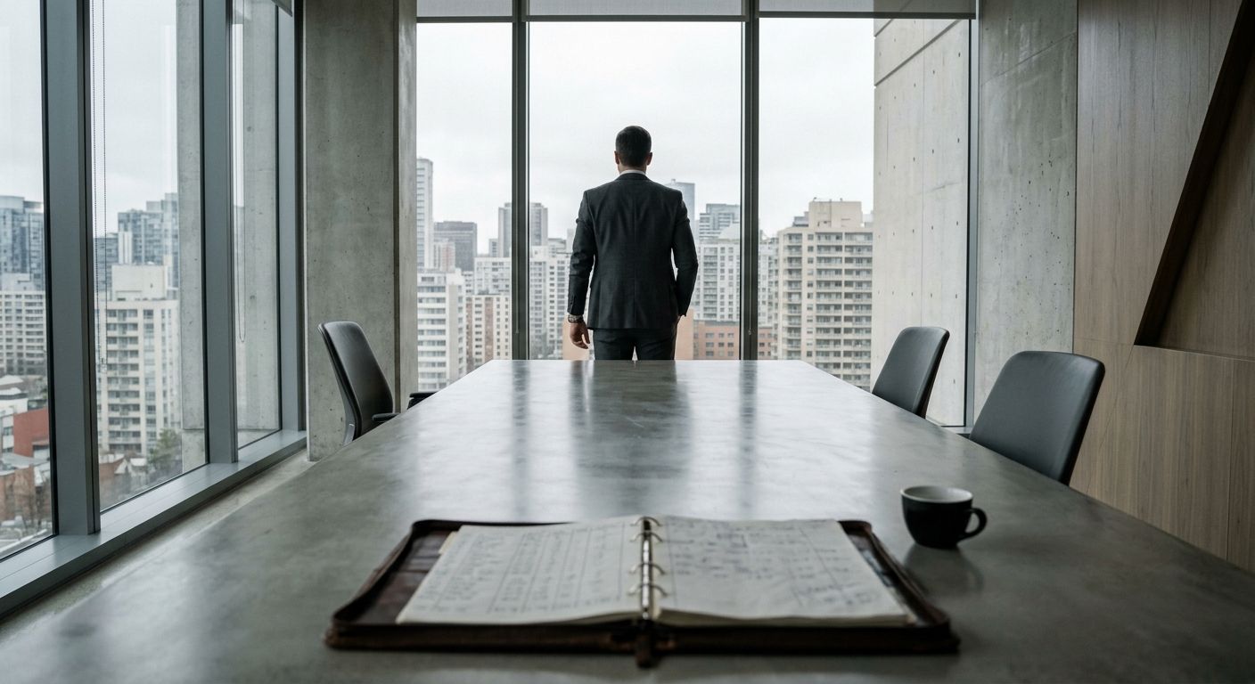 Business owner contemplating a major decision while facing cityscape from a conference room, symbolizing the weight of selling a business