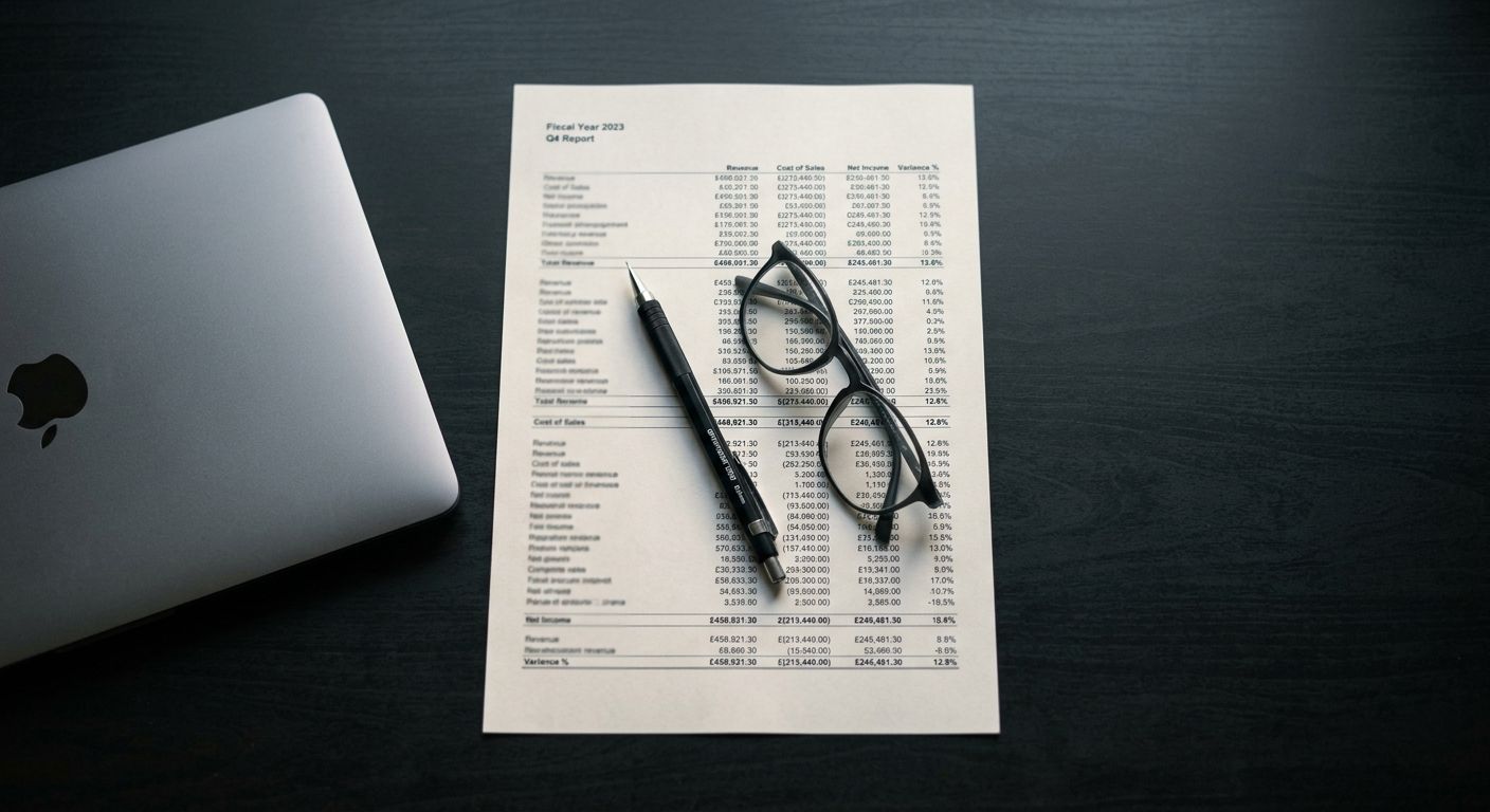 Overhead view of a financial summary, glasses, and pencil beside a closed laptop, evoking the scrutiny an online business valuation tool demands