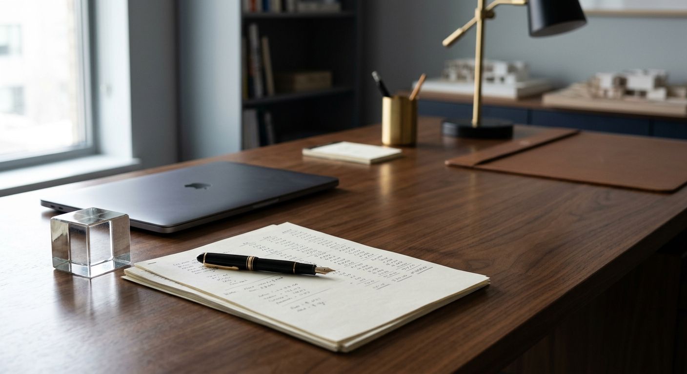 Soft morning light rakes across a walnut desk with paper columns of figures, a fountain pen, and laptop, evoking careful software company valuation before a …