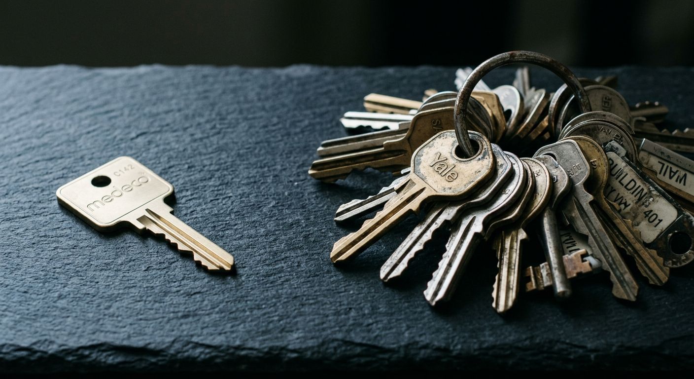Two contrasting key clusters on slate—single modern key versus dense worn ring—symbolizing the structural difference between acquiring specific assets …