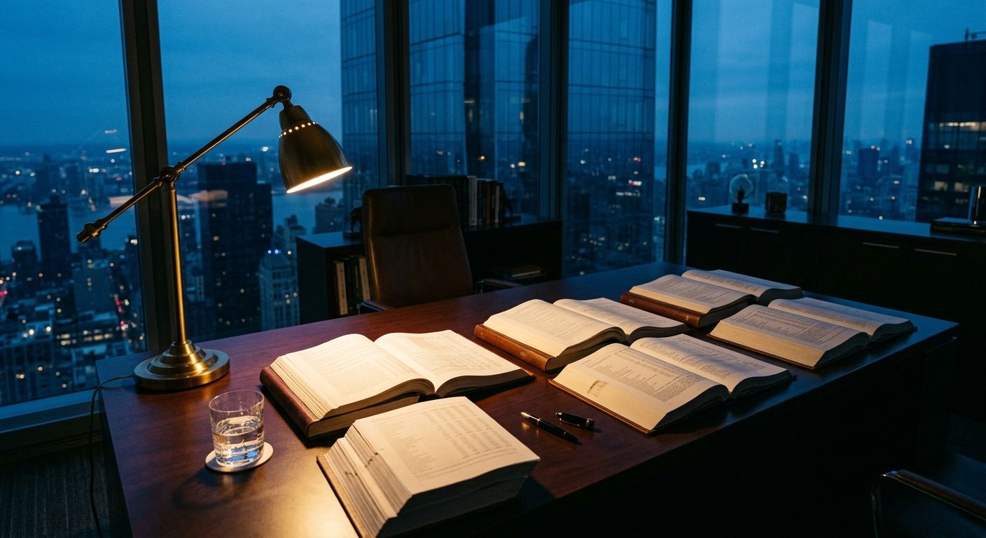 Three years of bound financial reports stacked on a mahogany desk under warm desk lamp light, symbolizing careful due diligence in business sale preparation