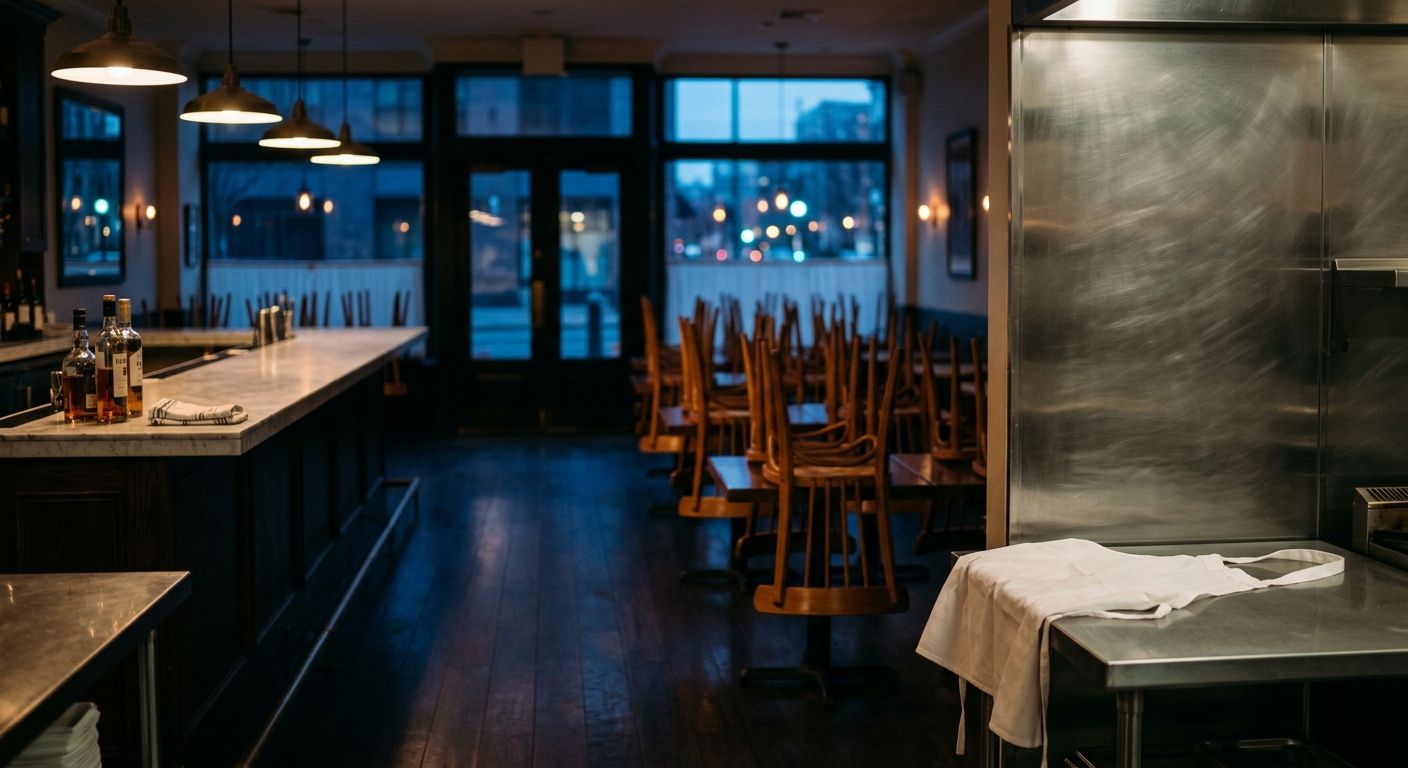 Empty upscale restaurant at closing time, warm bar lighting and folded apron symbolizing the transition owners face when preparing to sell a restaurant business