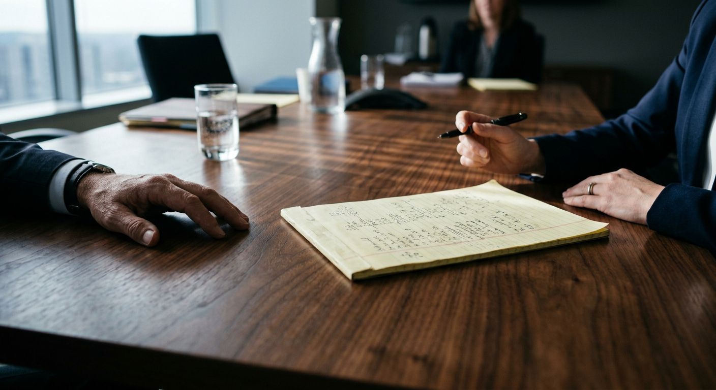 Two business professionals review financial calculations on a legal pad during a negotiation meeting at a polished conference table
