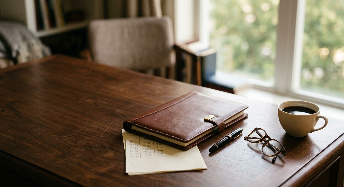 Morning light on a walnut desk with a closed folder, pen, and coffee, evoking the careful early steps to selling a small business