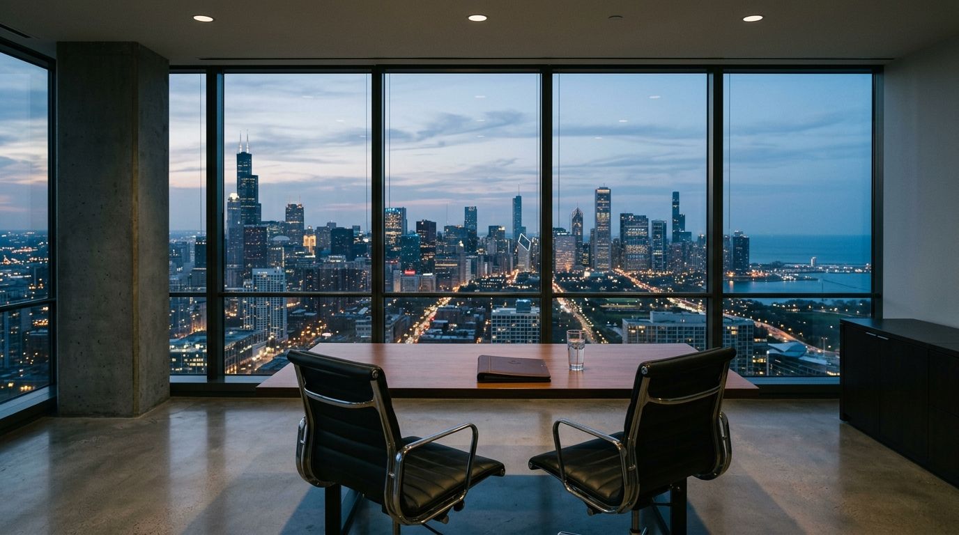 Sparse high-floor Chicago office overlooking illuminated downtown skyline and Lake Michigan at dusk, with empty chair facing closed portfolio on concrete table