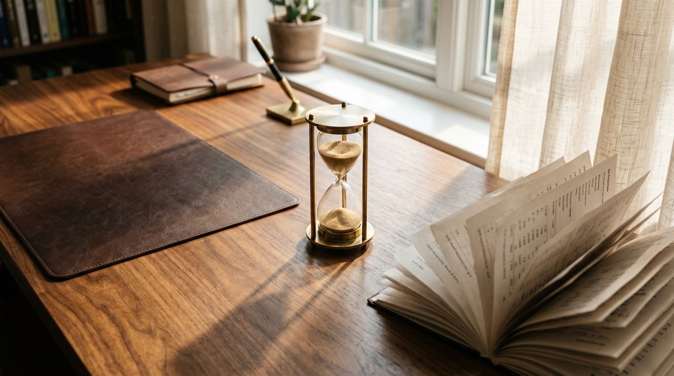 Brass hourglass mid-flow on a sunlit walnut desk beside blurred financial papers, evoking the measured pace of a selling a business timeline