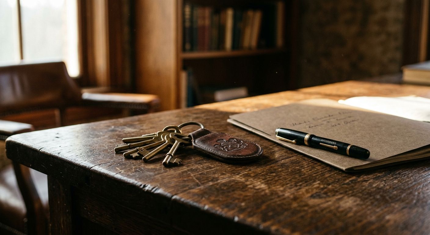 Brass keys and a fountain pen on an oak desk, a symbol of handing a business to its successor