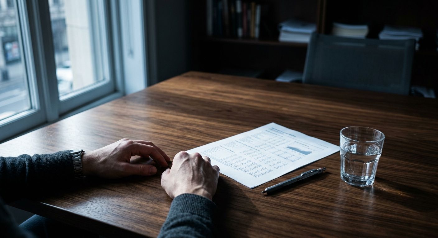 Financial analyst's hands rest on a walnut desk beside financial statements and pencil, morning light casting shadows across the minimalist workspace