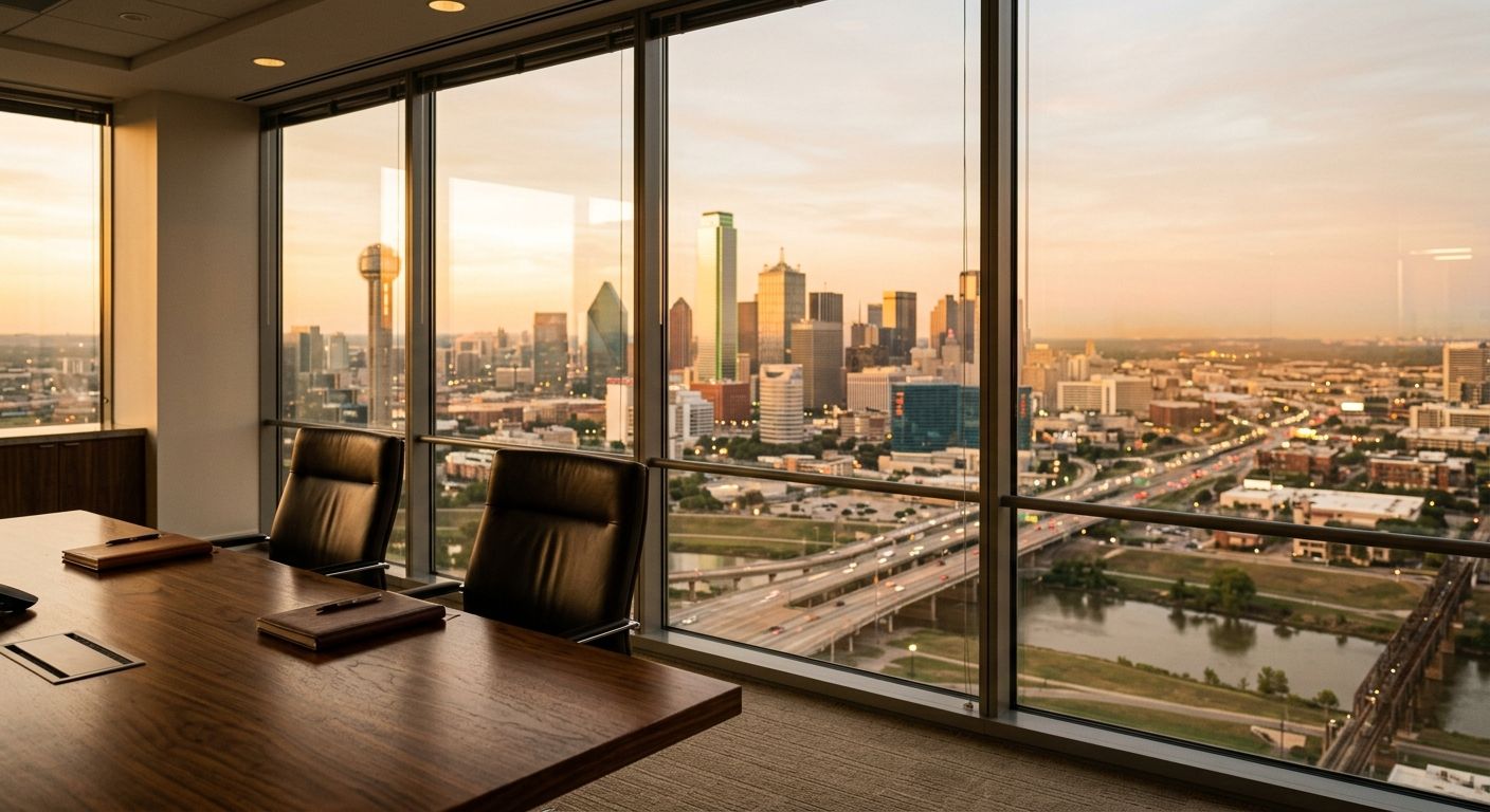 Dallas skyline glowing at golden hour through floor-to-ceiling glass of a high-rise boardroom with polished walnut table and leather chairs in sharp focus