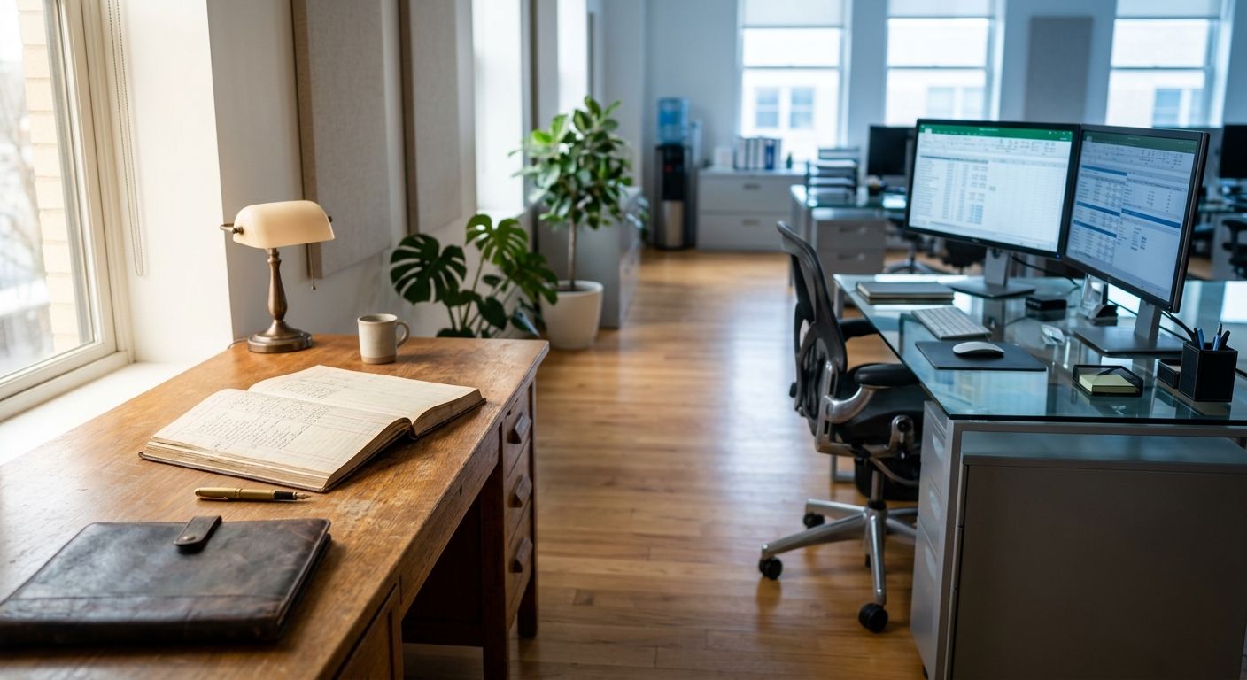 Warmly lit traditional desk with ledger and fountain pen faces a cooler glass workstation, symbolizing the buyer choice in accounting practice sales