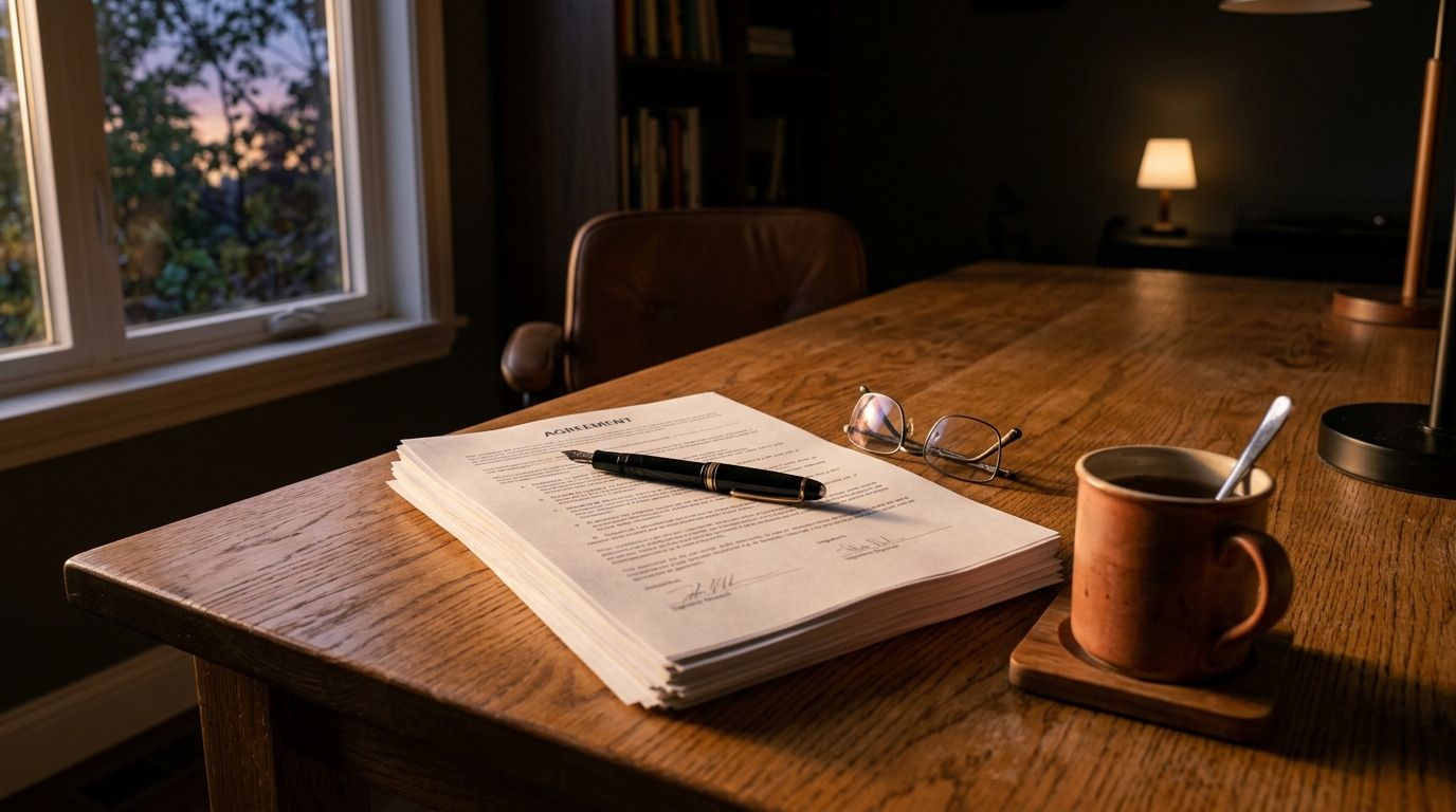 Closed fountain pen resting on a stack of contract pages at dusk, evoking the patient timeline of selling a business in 2026