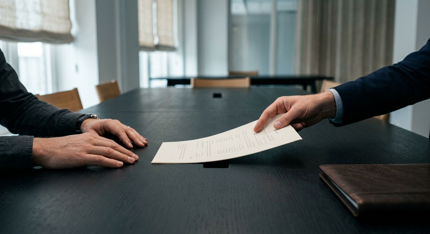 Two negotiators exchange a preliminary deal document across a dark conference table, capturing the decisive moment between LOI and term sheet commitment