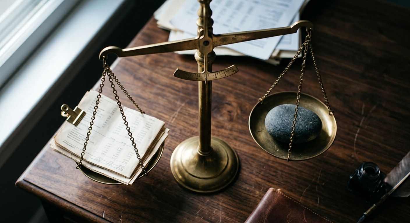 Brass balance scale weighs financial documents against a river stone, symbolizing how valuation multiples measure a business's true worth
