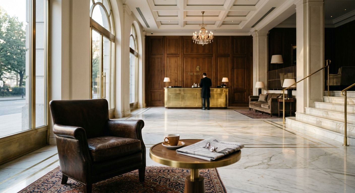 Upscale hotel lobby at dawn with marble floors and brass desk, evoking the operating asset value central to how to value a hotel