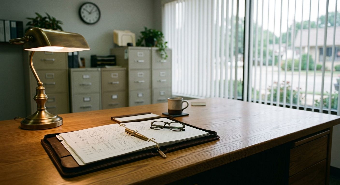 Leather portfolio, fountain pen, and reading glasses on an oak desk evoke the careful preparation behind selling an insurance agency