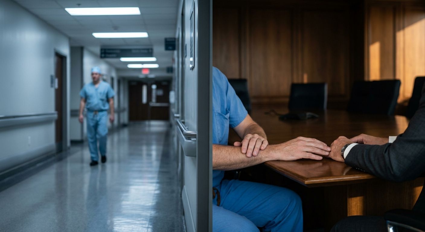 Hospital corridor transitions to private equity boardroom, symbolizing the bridge between clinical expertise and financial strategy in healthcare M&A