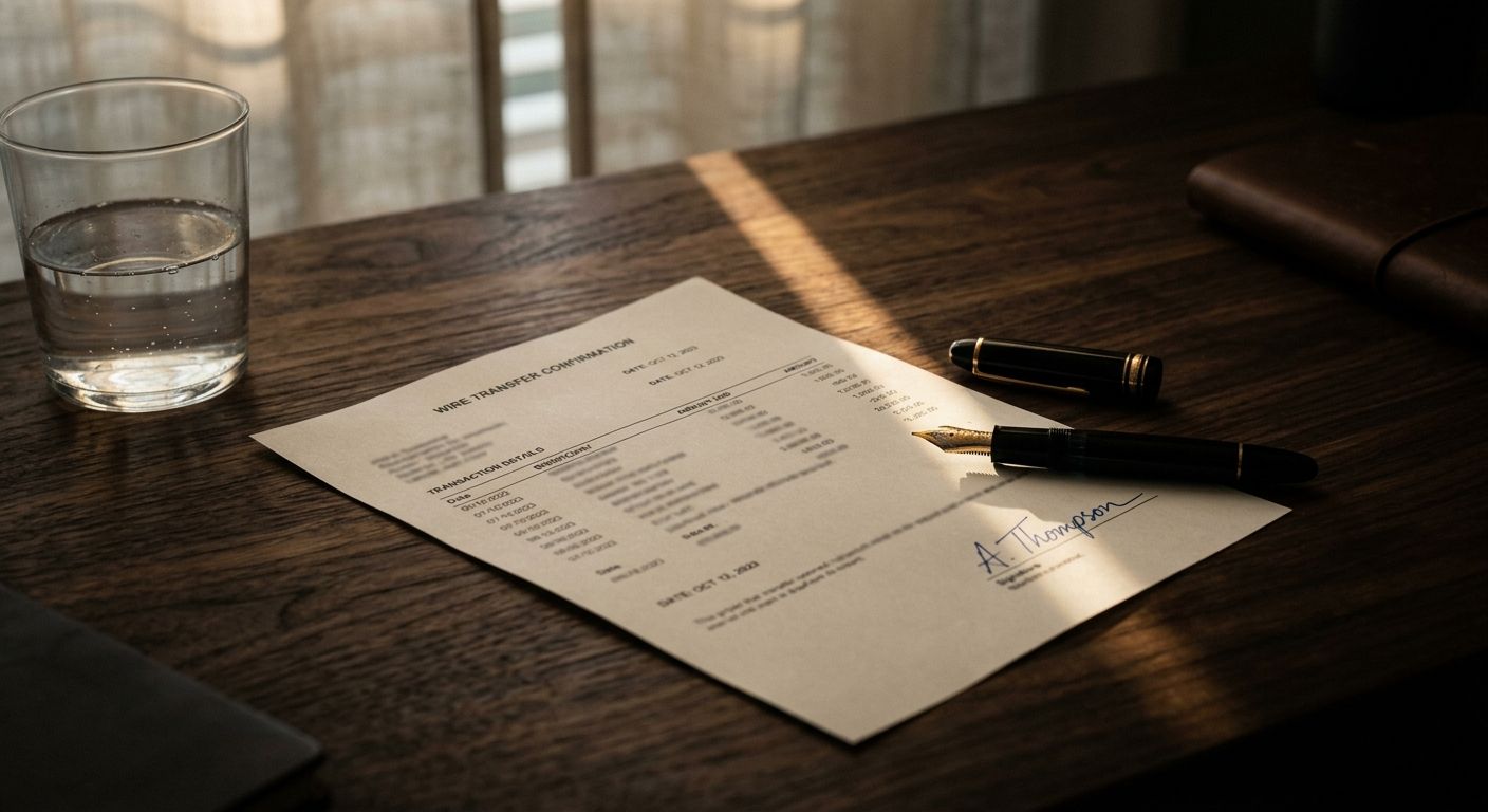 Wire transfer confirmation on walnut desk with fountain pen and water glass, capturing the quiet moment after receiving business sale proceeds