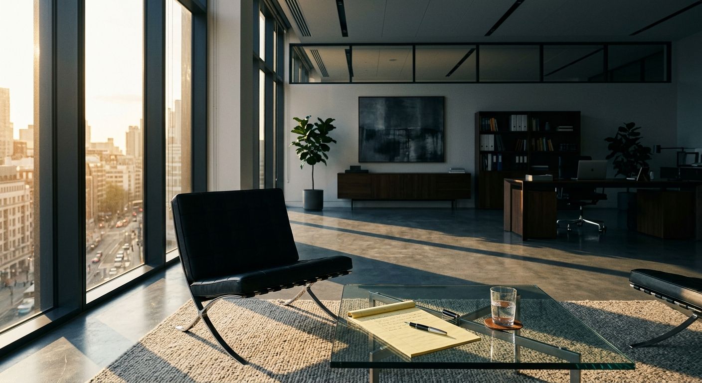 Minimalist PE office bathed in golden afternoon light, with empty Barcelona chair and legal pad suggesting deliberate preparation for a major transaction …