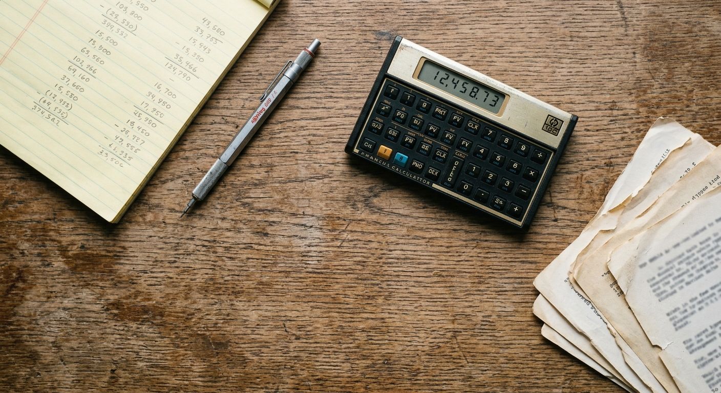 Overhead desk arrangement with mechanical pencil, yellow legal pad with handwritten figures, financial calculator, and scattered papers on weathered oak …