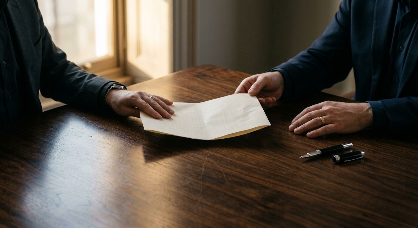 Two hands exchange a folded document across a walnut table with pen nearby, symbolizing the binding commitment of earnest money in a business transaction