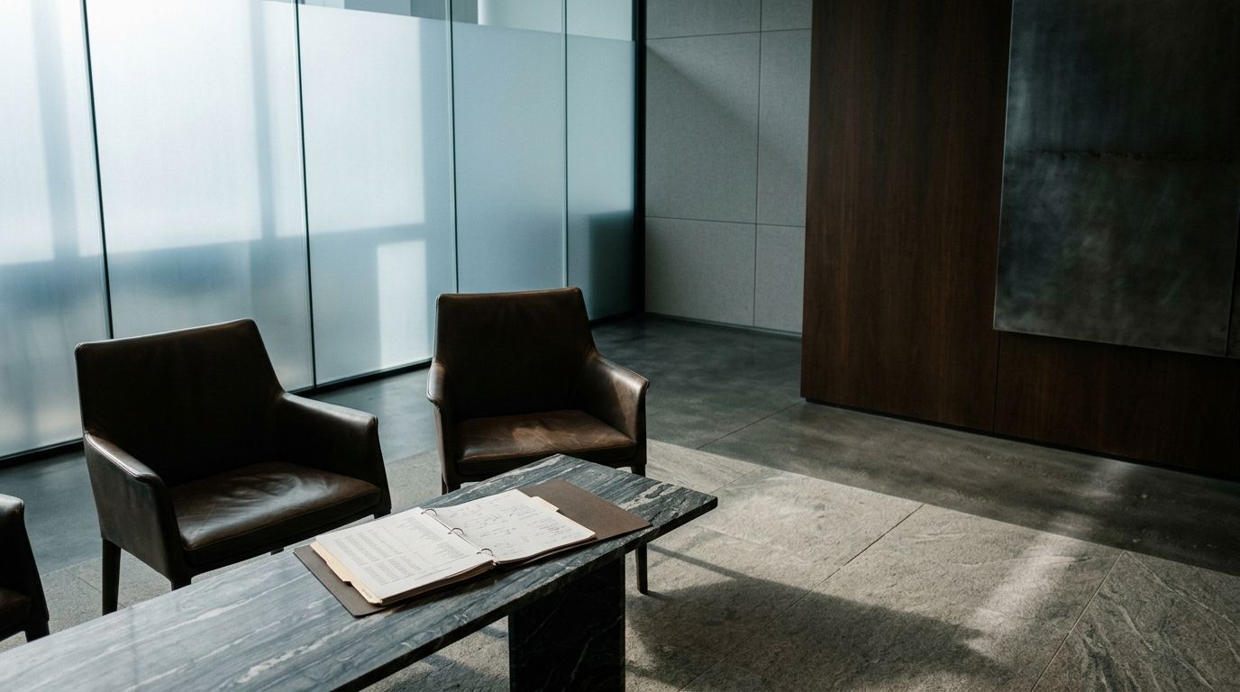 Two leather chairs face across a marble table with financial documents in a minimalist conference room flooded with cool afternoon light