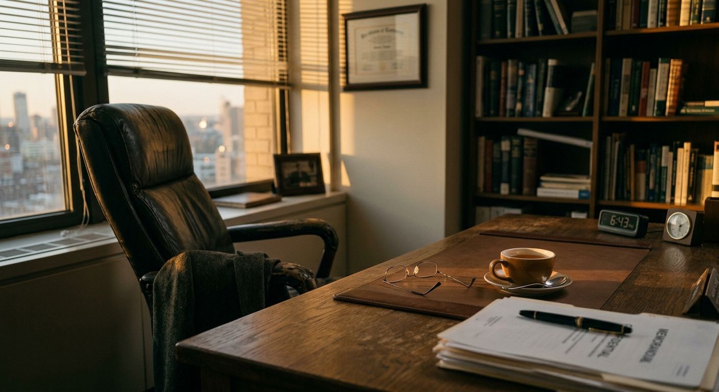 Empty office chair pushed back at day's end, golden light and negative space evoking a business owner weighing whether it's time to sell