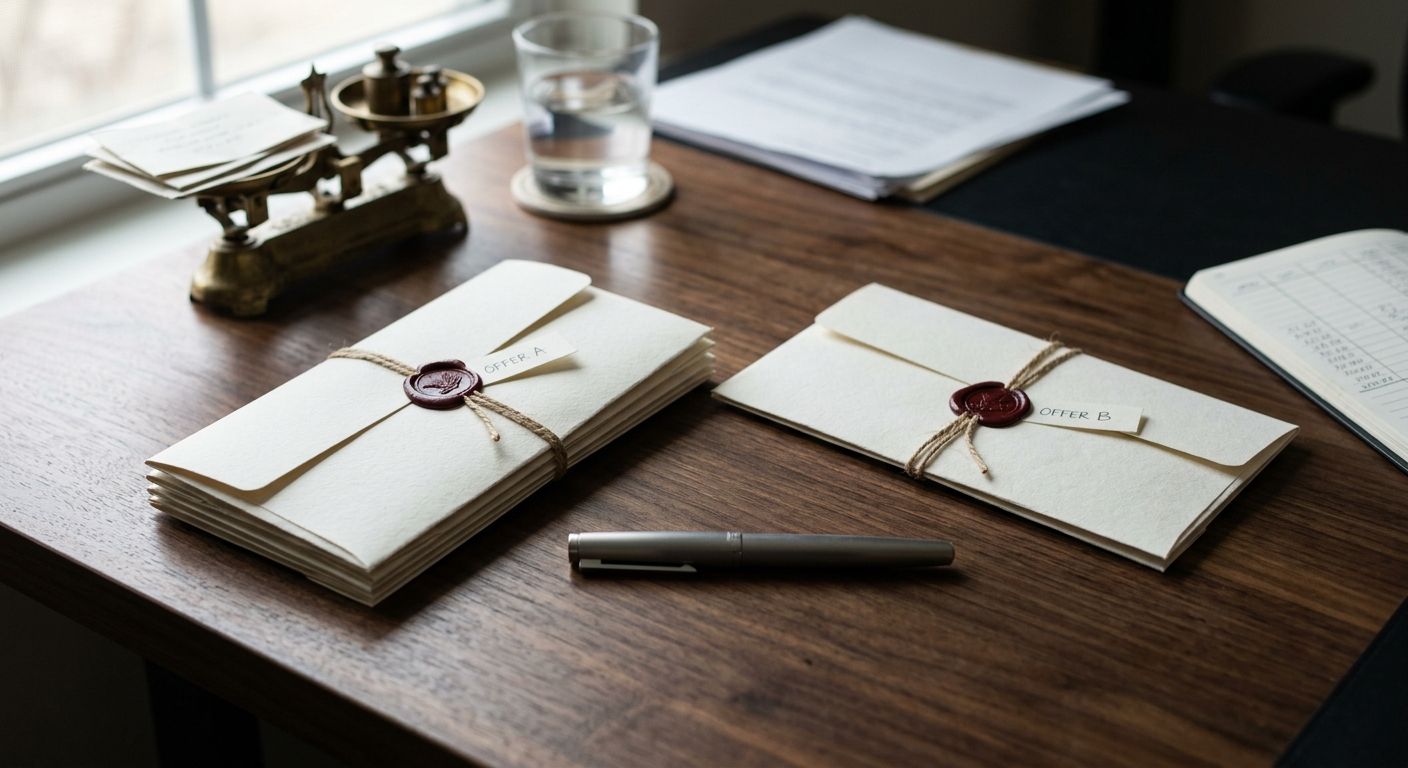 Two sealed offer envelopes of different thickness rest on a walnut desk beside a fountain pen, evoking the weight of evaluating offers to buy a business