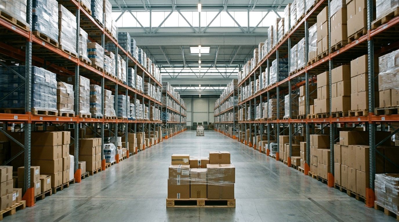 Rows of steel pallet racks recede down a daylit warehouse aisle, evoking the scale and infrastructure behind wholesale distribution opportunities
