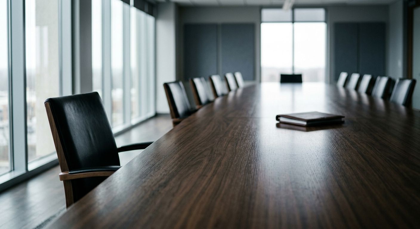 A solitary chair sits vacant at a conference table, symbolizing the risk of losing key client relationships in an M&A transaction