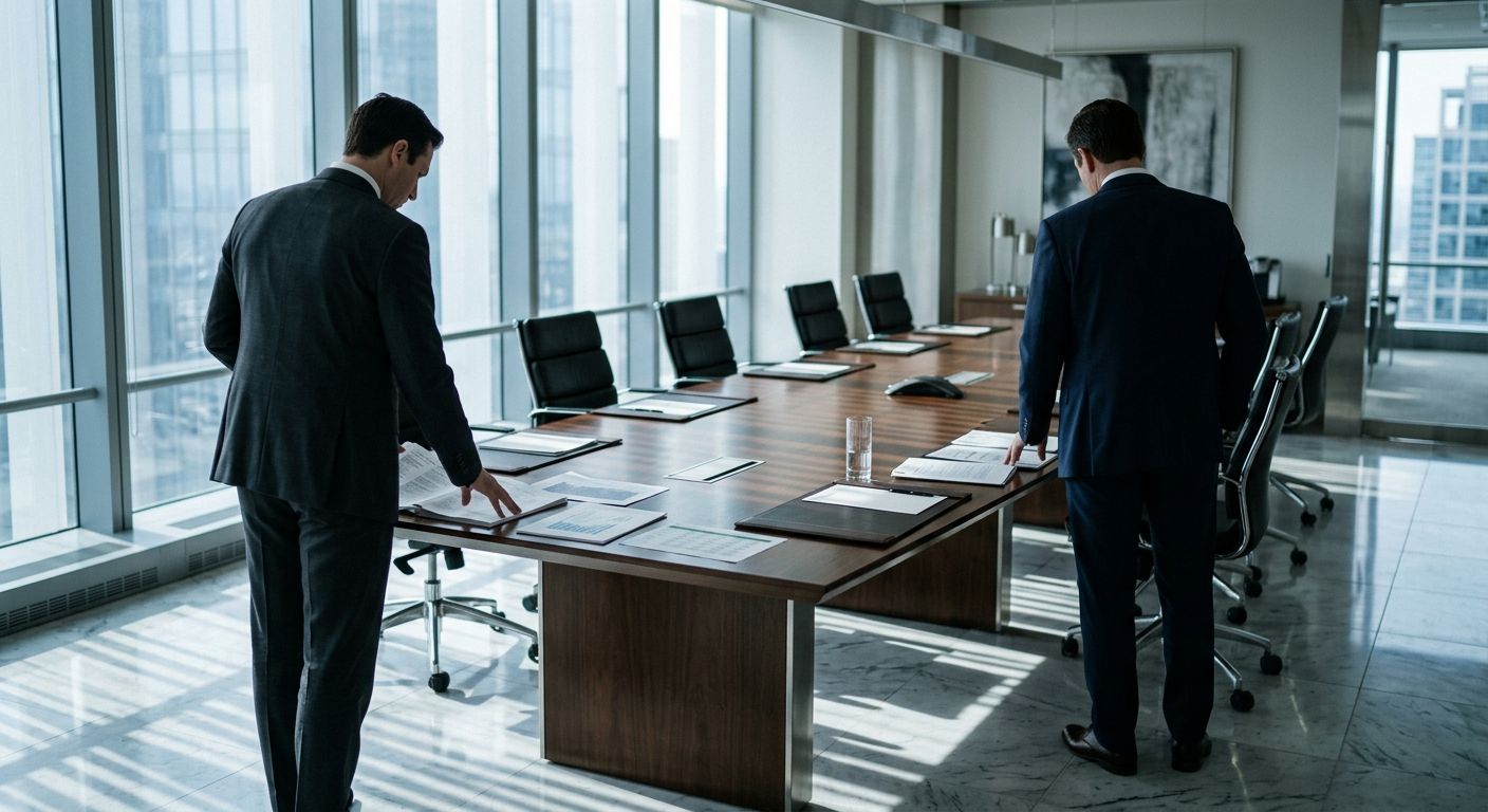 Two executives in dark suits face away from each other across a polished conference table, reviewing deal materials in a tension-filled negotiation space