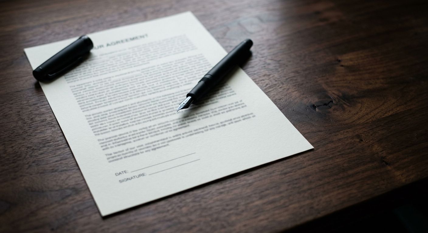 Unsigned letter of intent on a walnut desk with an uncapped fountain pen, capturing the quiet pause before an M&A deal takes shape
