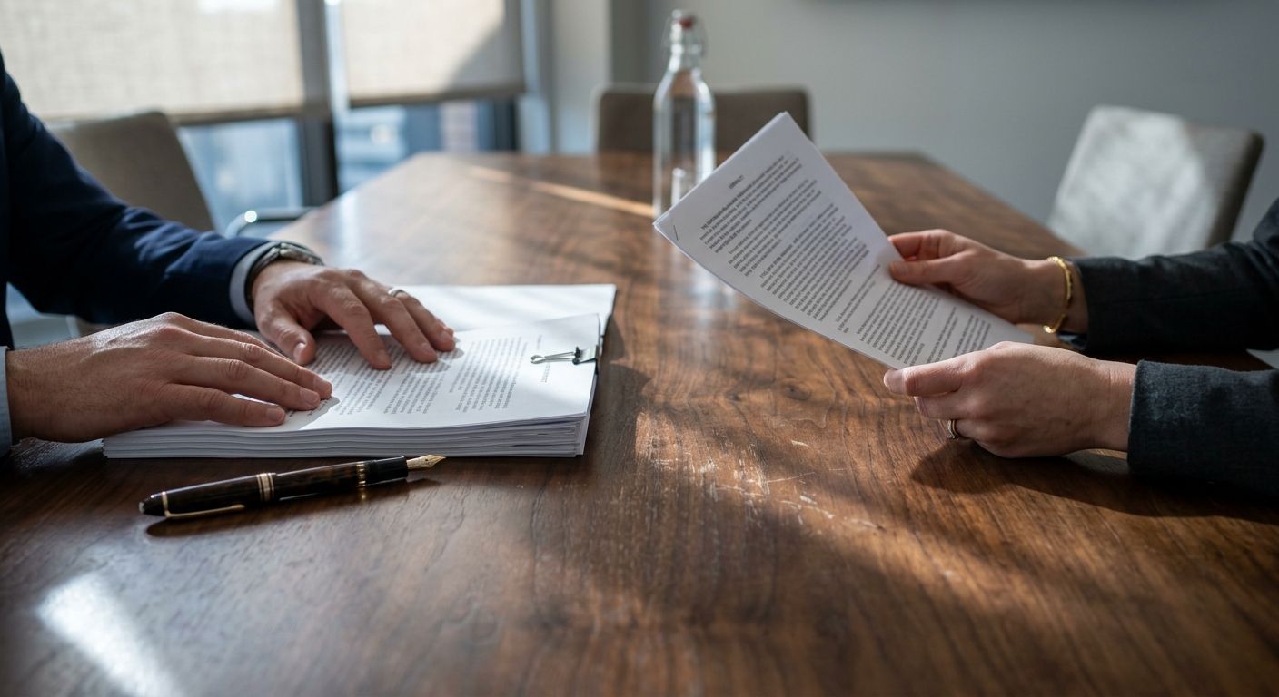 Two parties' hands positioned across a dark walnut table with contract documents and a fountain pen, casting sharp shadows under afternoon light to convey …